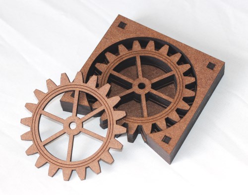 Gear coaster set with matching holder Laser-cut MDF gear coaster set with matching holder