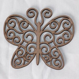 Laser-cut MDF butterfly coaster with scrollwork design