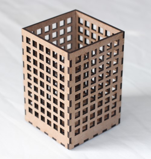 Tall geometric laser-cut T-light holder with square pattern Square grid T-light candle holder